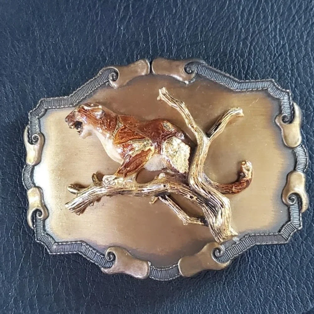 RAINTREE Vintage Cougar on Branch Belt Buckle Western Wildlife Gold Tone USA